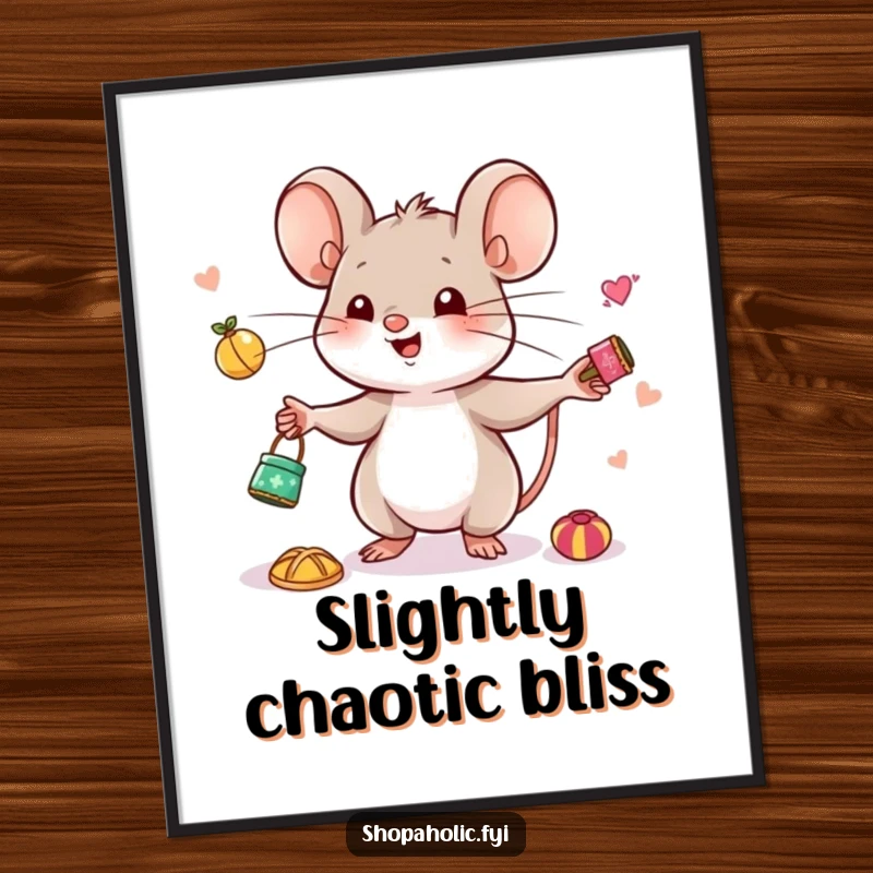 Funny Mouse Juggling Digital Art Print - Hilarious artwork of a cute mouse happily juggling tiny trinkets, ready to print.