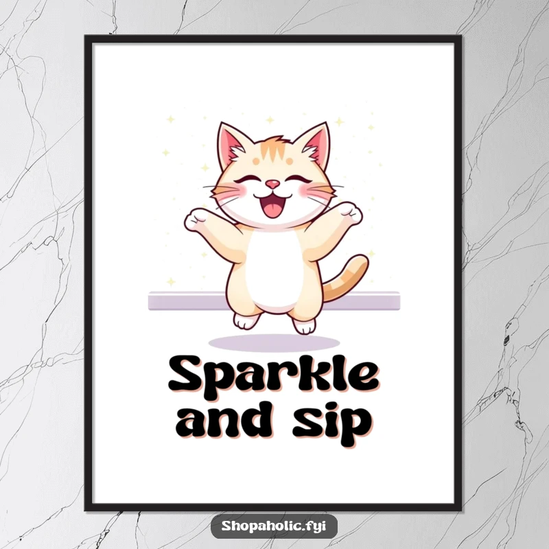 Funny digital art print of a cheerful cat bouncing excitedly before a dazzling, glittering display. Instant downloadable joy.