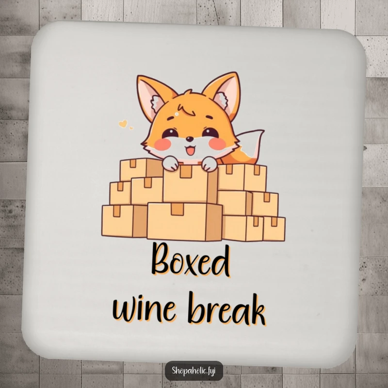 Funny Coasters with a delighted fox character peeking from behind boxes, offering charming surface protection.