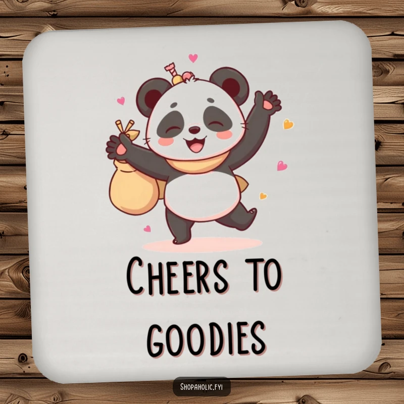 Funny drink coaster featuring a giggling panda in a dance pose, holding a bag full of goodies, protecting surfaces with humor.