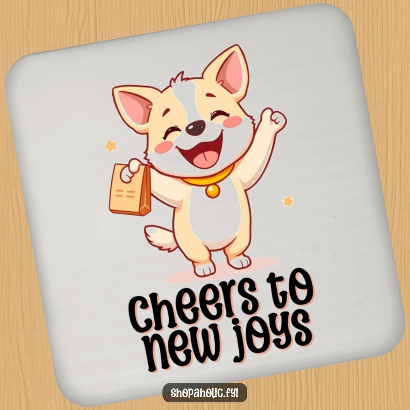 Funny dog coaster featuring a joyful dog doing a happy dance with a new purchase, adding a fun touch to drink service.