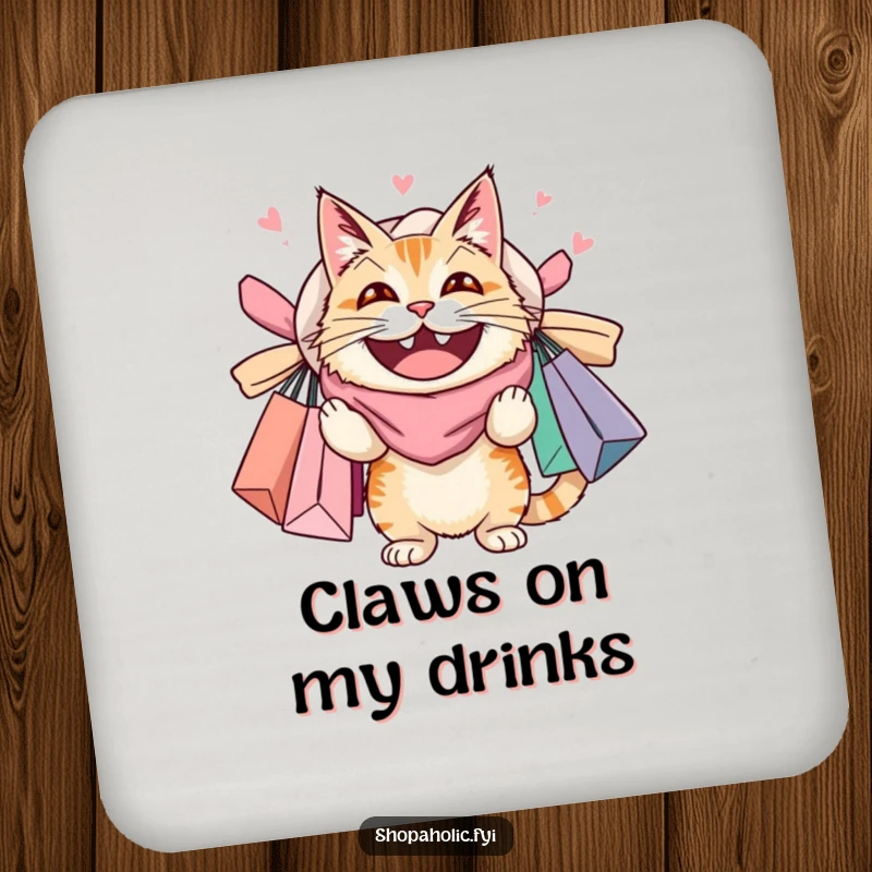 Funny drink coaster set featuring a cat with a huge grin, overloaded with shopping bags, adding humor and feline charm to tabletops.