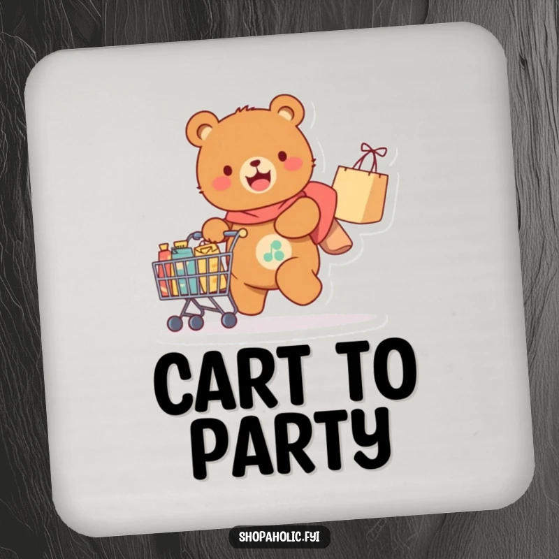 Funny Coasters: A delighted bear pulls a cart laden with shopping bags, adding humorous protection and retail cheer to your tabletop.