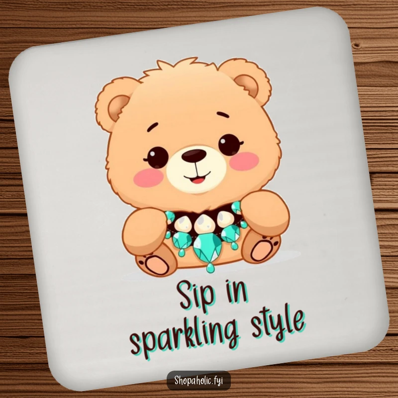 Funny Bear Fashion Coaster - Humorous coaster showing a fluffy bear trying on a dazzling necklace, protecting surfaces with style.
