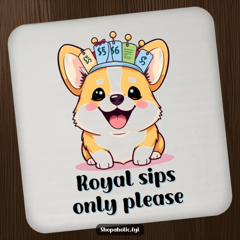 Funny Corgi Coasters: A joyful corgi with a price tag crown sits on these funny coasters, providing stylish surface protection.