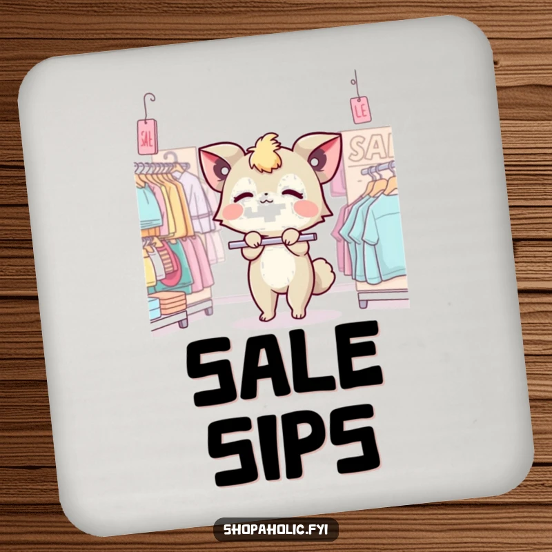 Funny drink coaster featuring a cute creature swooning dramatically over a sale rack, protecting surfaces.