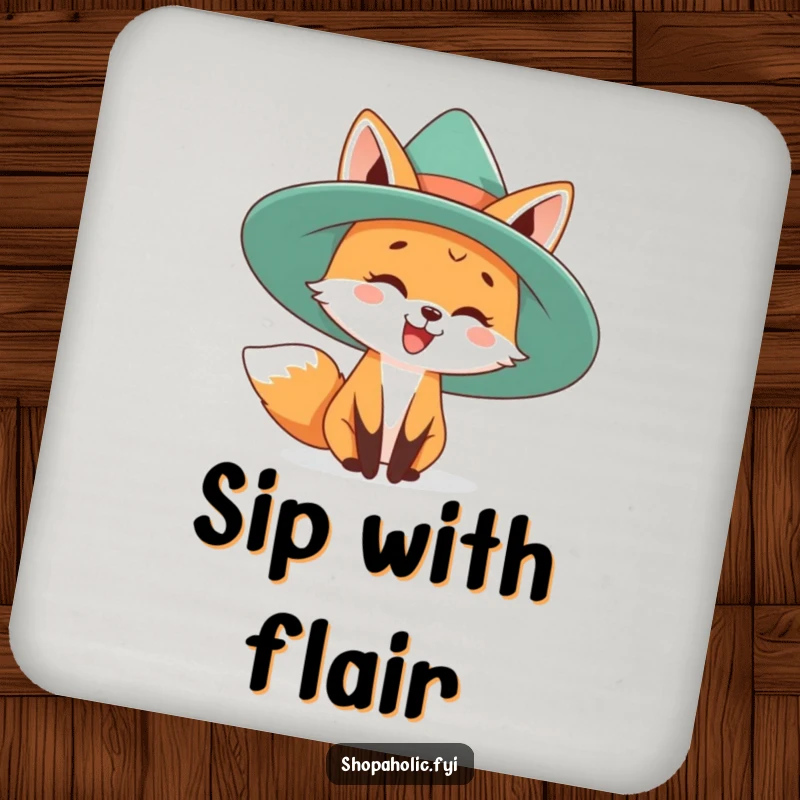 Funny coaster featuring a happy fox playfully wearing a dramatically large, stylish hat. Protects surfaces with humor.