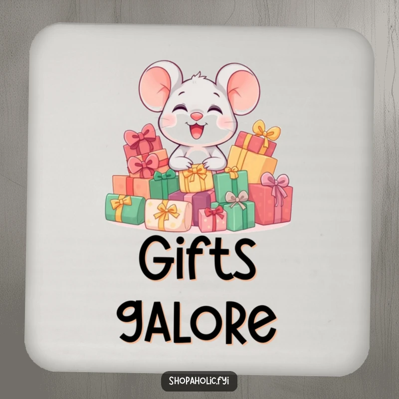 Funny drink coaster showing a giggling mouse character sitting happily beside a mound of wrapped presents, adding a humorous touch to beverages.