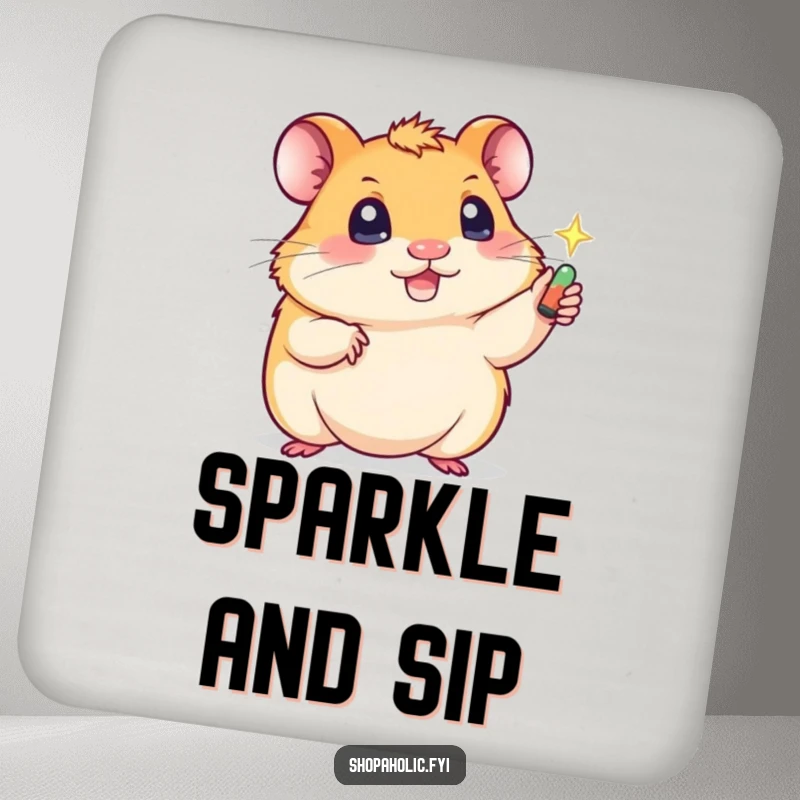 Funny coasters featuring a cute hamster with sparkling eyes reaching for a shiny item, adding humorous protection to surfaces.