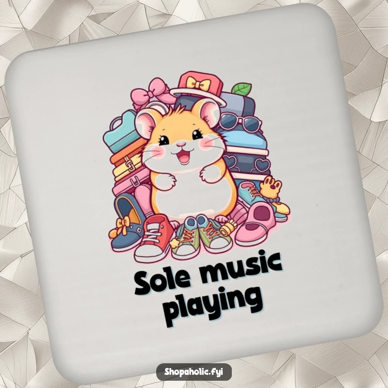 Funny Hamster Shoe Coasters: A happy hamster surrounded by shoes, protecting surfaces with charm. Set of amusing coasters.