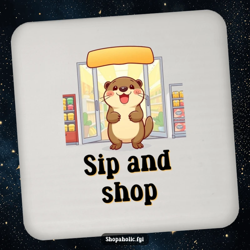Funny otter coaster, exiting a store with arms full of goods, protecting surfaces with humor, a shopping theme, a gift.