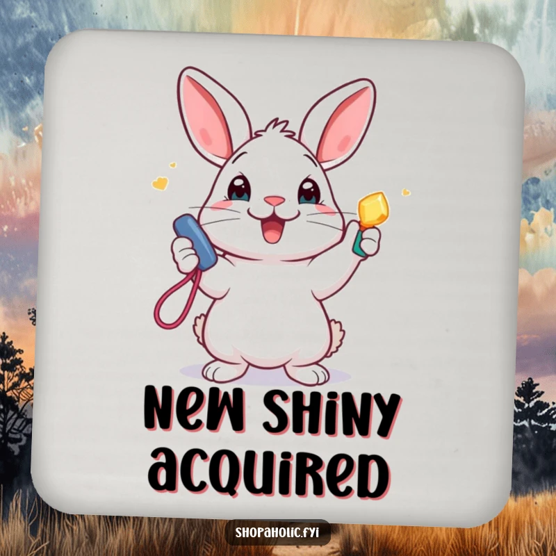 Funny Coasters: A delighted rabbit holds up a sparkling new accessory, adding a humorous and protective flair to your tabletop.