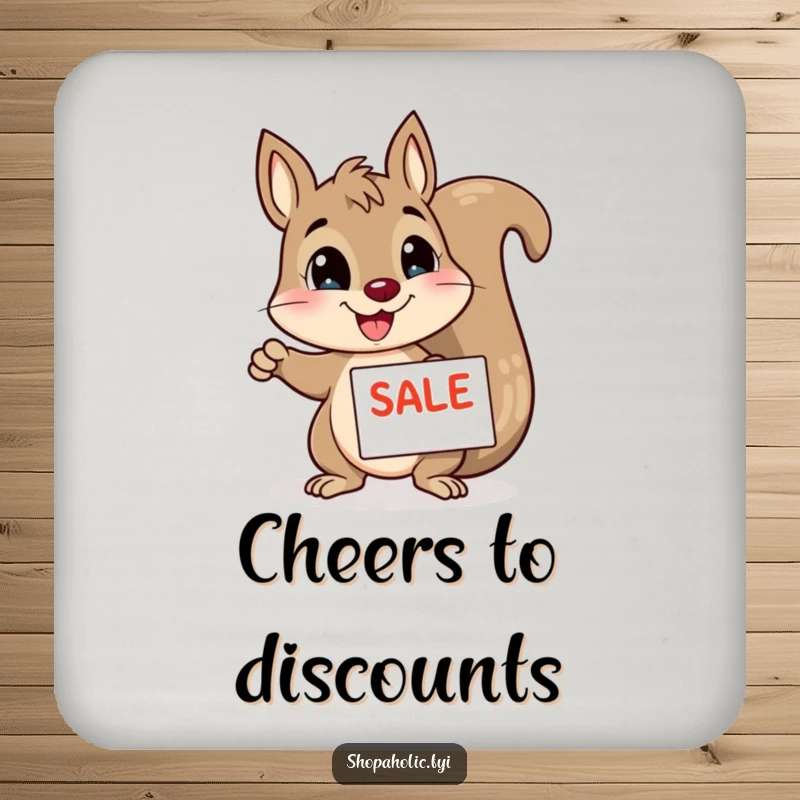 Funny squirrel coaster, enthusiastically pointing to a sale sign, protecting surfaces with humor, a charming addition, a gift.