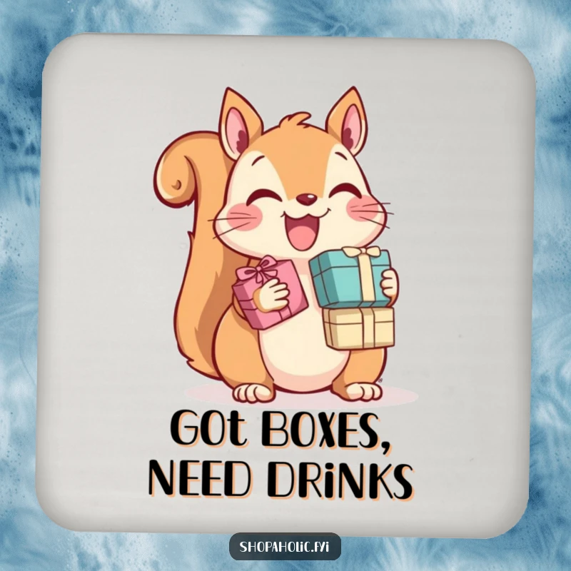 Funny Squirrel Drink Coasters: A happy squirrel joyfully clutches tiny gift boxes, a protective and humorous addition to any table.