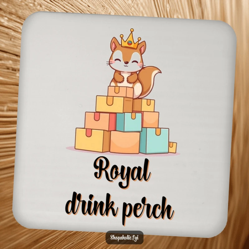 Funny Squirrel King Drink Coaster featuring a mischievous squirrel with a tiny crown atop a mountain of boxes, a humorous and protective accessory.