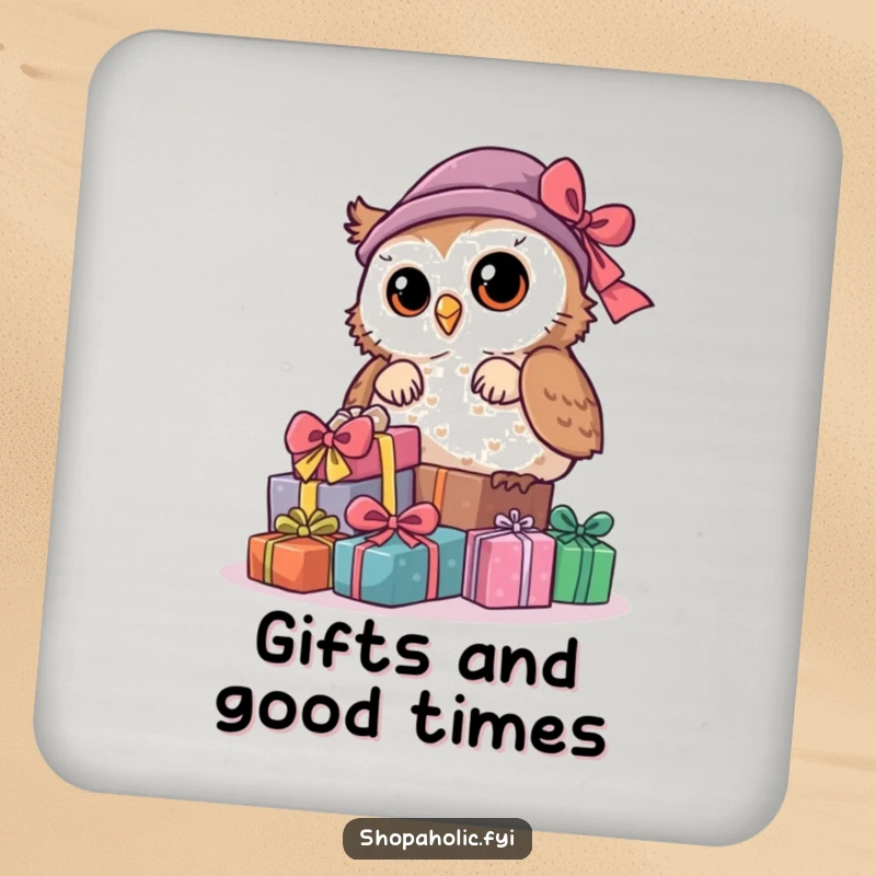 Funny Owl Drink Coasters: A curious owl peeks from behind a pile of gifts, a protective and humorous addition to any table.