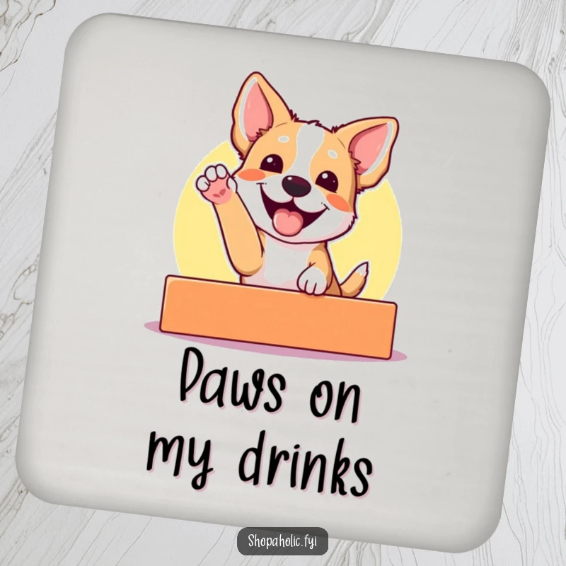 Funny drink coaster set featuring an excited dog gleefully reaching for a brightly colored display, adding humor and canine charm to tabletops.