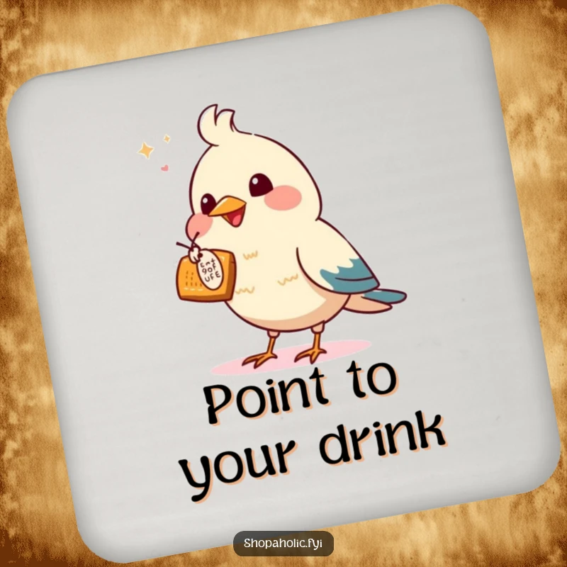 Funny coaster set featuring an enthusiastic bird pointing at a tempting offer, protecting surfaces with humor.