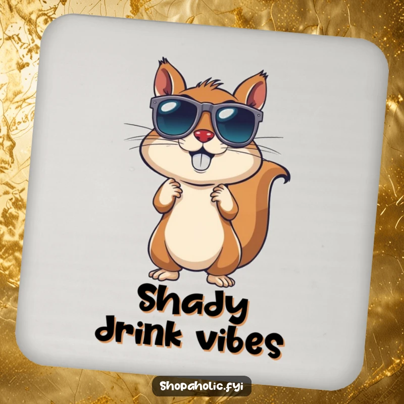 Funny Squirrel Sunglasses Coasters: An energetic squirrel trying on sunglasses, protecting surfaces with charm. Set of amusing coasters.