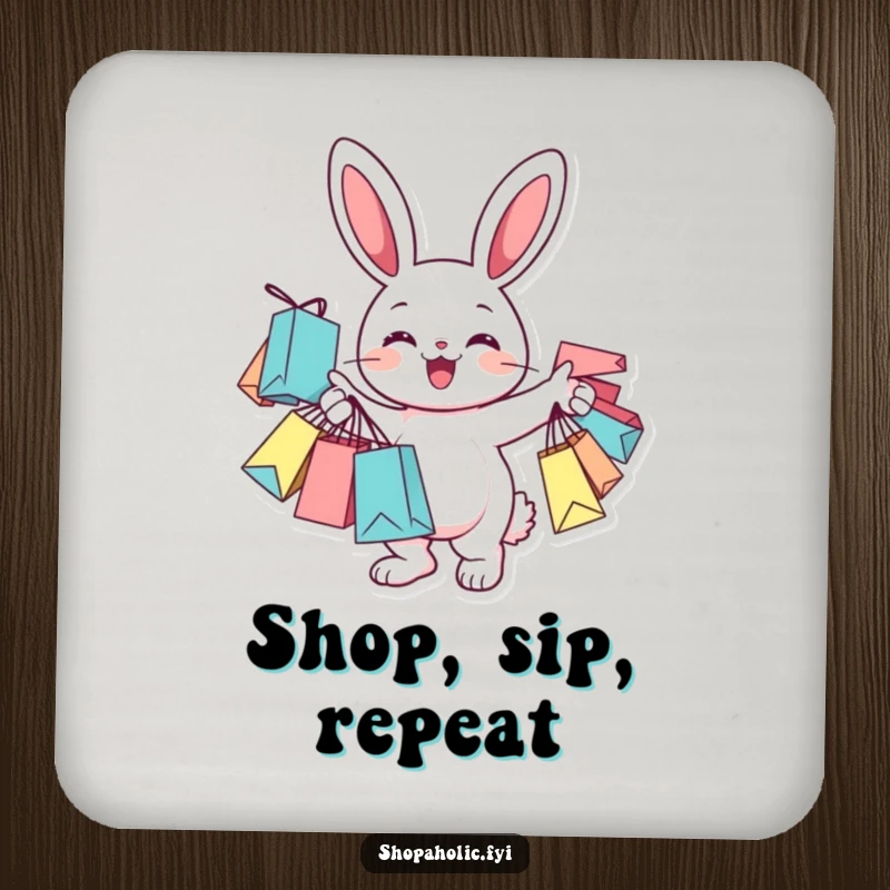 Funny Coasters with a cheerful bunny character holding many shopping bags, offering charming surface protection.