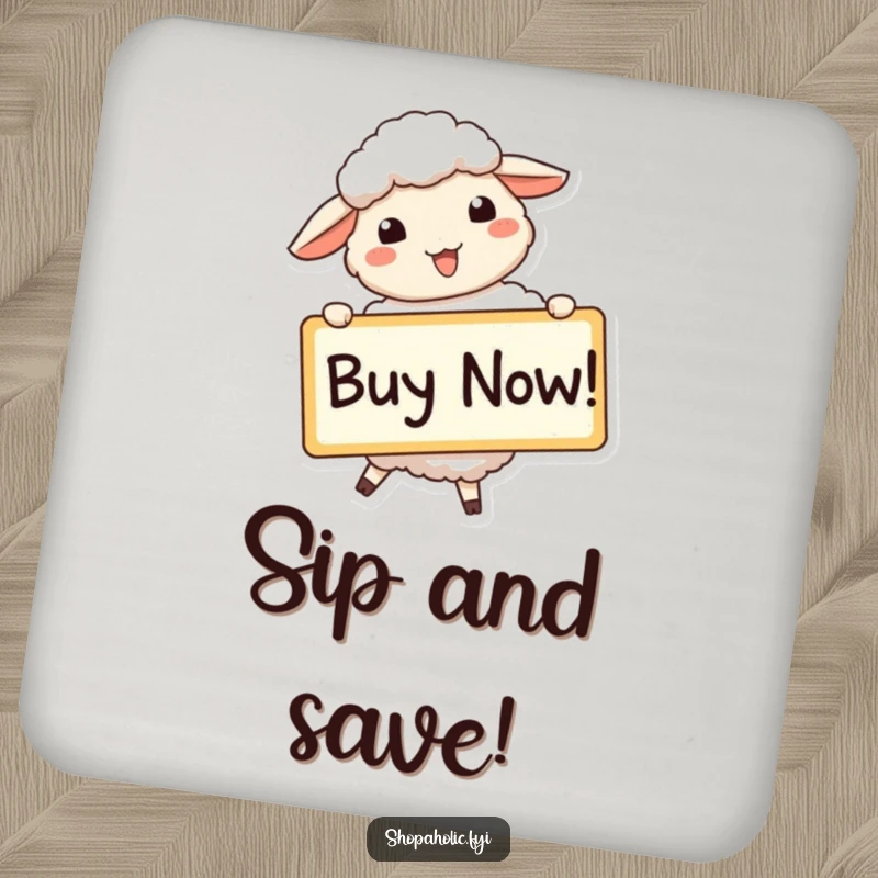 Funny sheep drink coasters with a beaming sheep holding a large 'Buy Now!' sign, protecting surfaces with humor.
