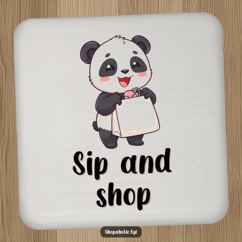 Funny drink coaster with a delighted panda bear holding an overflowing shopping bag, protecting surfaces with humorous charm.