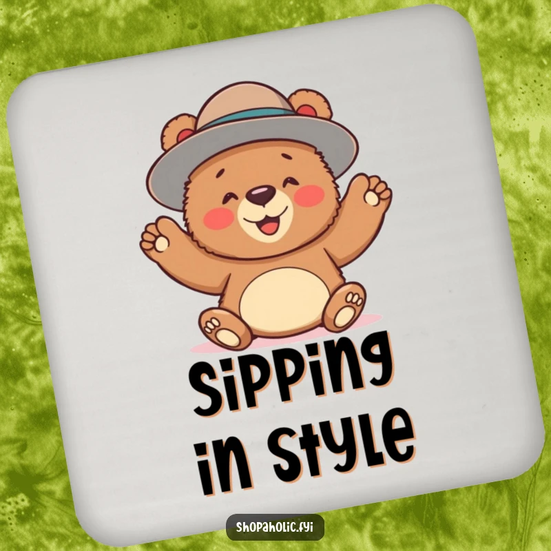 Funny drink coaster featuring a bear enthusiastically wearing a huge hat, protecting surfaces with a humorous and stylish design.