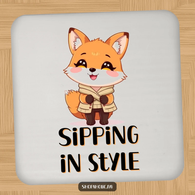 Funny Fox Coasters: Charming fox looking delighted with a perfectly chosen outfit, coasters for stylish surface protection.