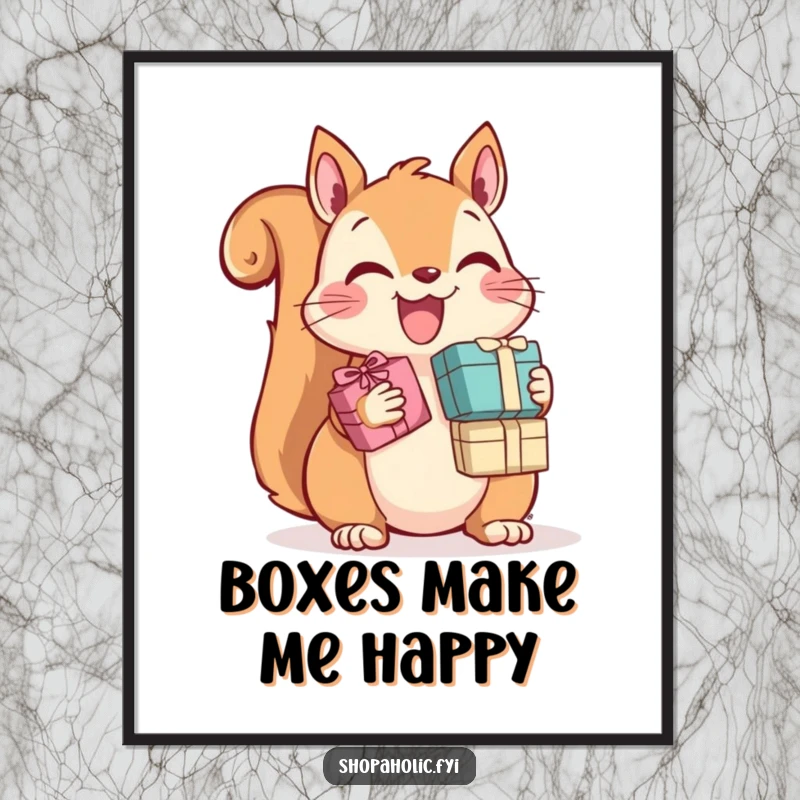Funny Squirrel Poster: A joyful squirrel is depicted joyfully clutching many tiny gift boxes, a humorous piece of wall art.