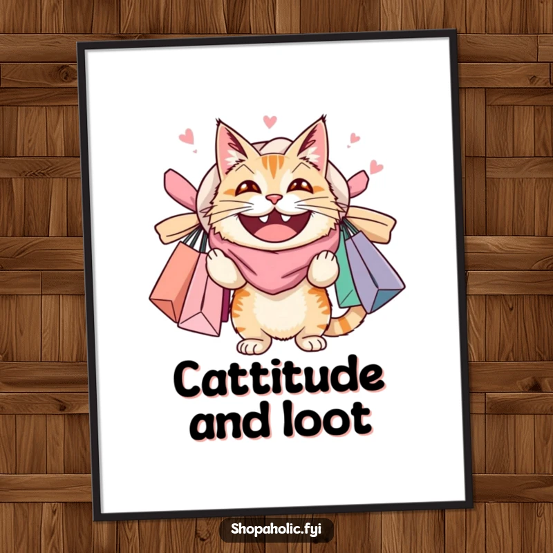 Funny poster featuring a cat with an enormous grin, completely overloaded with shopping bags, symbolizing indulgence and retail therapy.