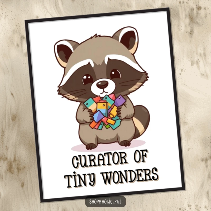 Funny poster art of a raccoon proudly holding a collection of tiny objects, adding whimsical charm and humor to any space.