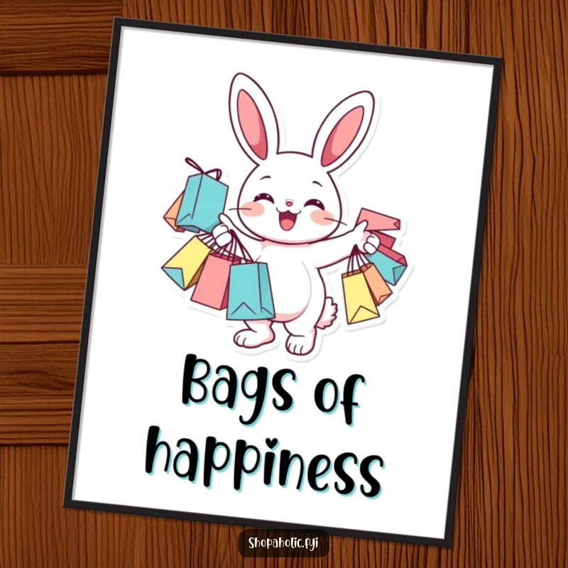 Funny Poster illustrating a cheerful bunny character joyfully holding a collection of numerous shopping bags.