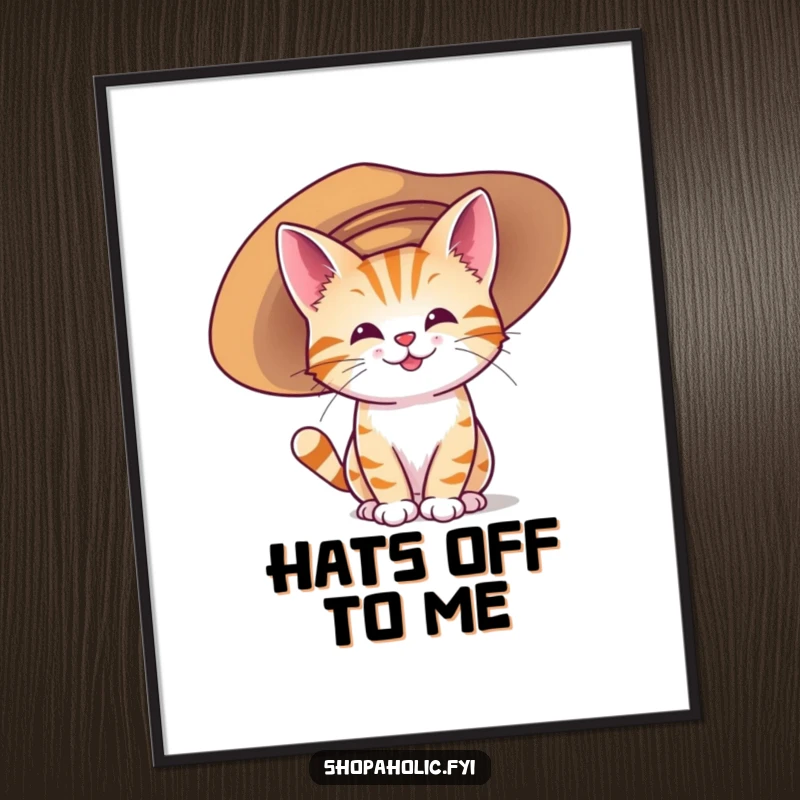 Funny poster illustrating a happy cat character struggling humorously to wear a gigantic, oversized hat with a determined expression.