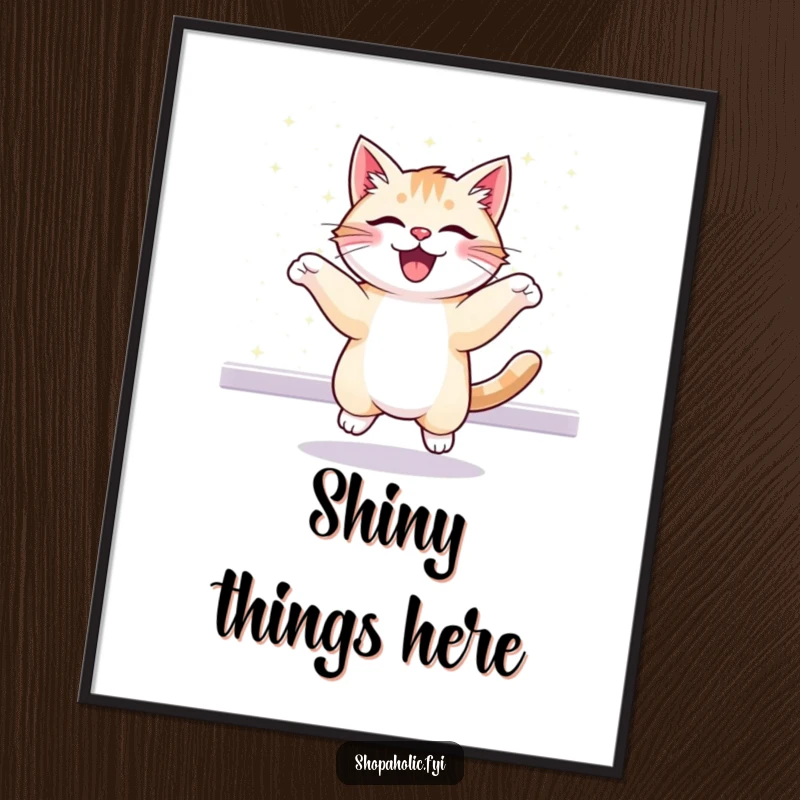 Funny poster of a cheerful cat bouncing excitedly in front of a mesmerizing, glittering display. Captures pure joy.