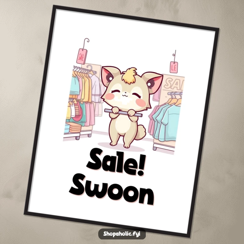 Funny poster print of a cute creature dramatically swooning over a sale rack, perfect for modern decor.