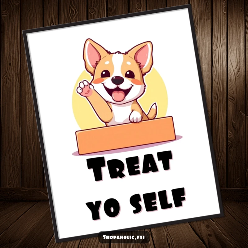 Funny poster depicting an excited dog gleefully reaching for a brightly colored display, symbolizing pure joy, excitement, and vibrant living.