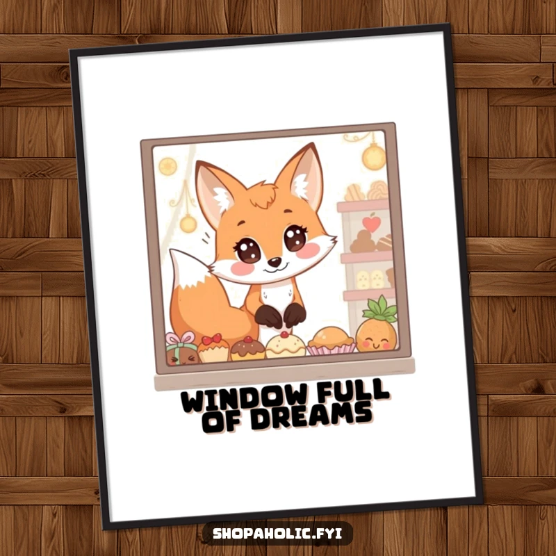 Funny Poster: A fox with enormous, curious eyes stares intently at a window filled with tempting goodies, bringing humorous admiration to decor.
