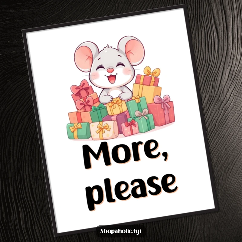 Funny poster art of a small, giggling mouse character joyfully sitting amongst an enormous pile of colorful, wrapped gift boxes, conveying pure delight.