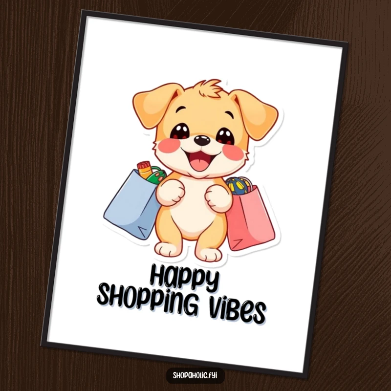 Funny puppy poster featuring a delighted puppy with shopping bags stuffed with colorful items, radiating happiness.