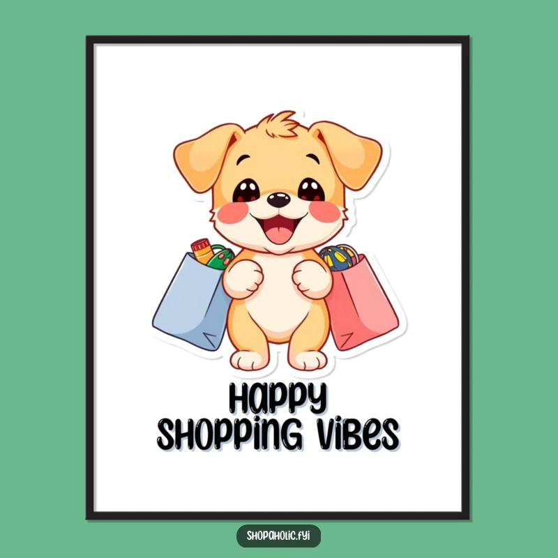 Funny Puppy Shopping Poster: Delighted Dog Art, Vibrant Wall Decor, Gift Idea