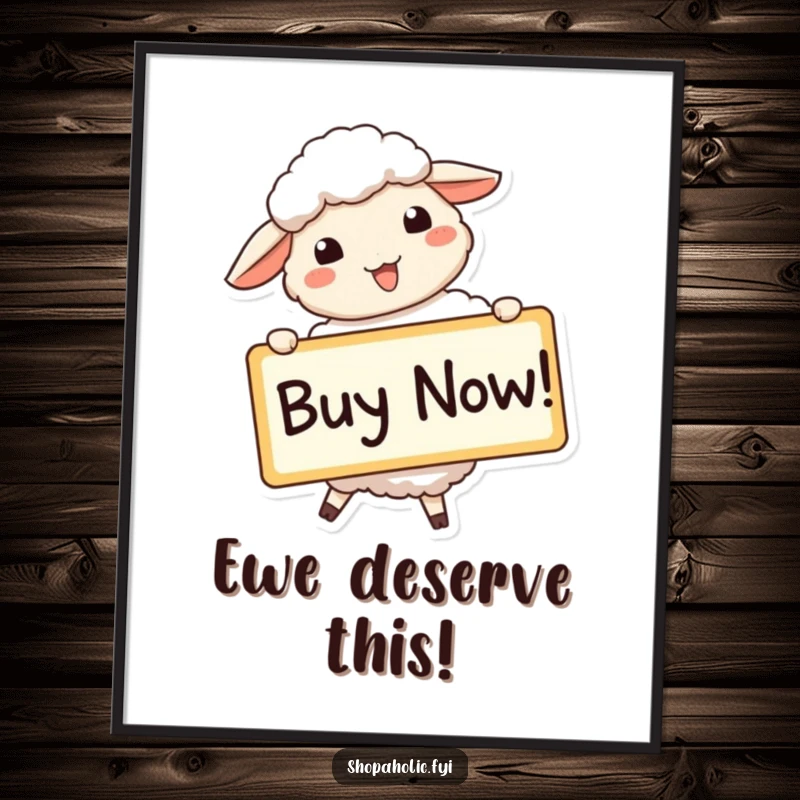 Funny sheep poster featuring a beaming sheep holding a large 'Buy Now!' sign, perfect wall art for impulse buyers.