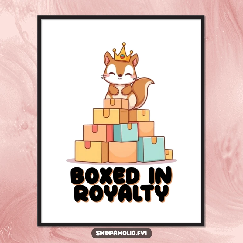 Funny Squirrel King Poster showing a mischievous squirrel wearing a tiny crown on a huge pile of boxes, perfect for humorous wall decor.