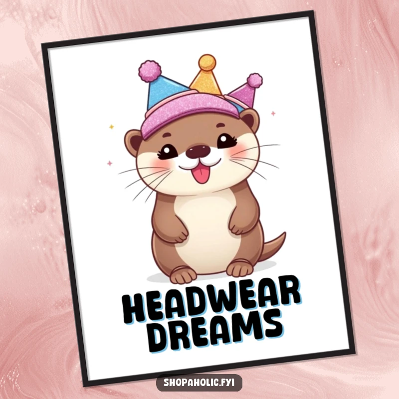 Funny Poster illustrating a bubbly otter joyfully trying on several shimmering, glittering hats, creating a festive and amusing scene.