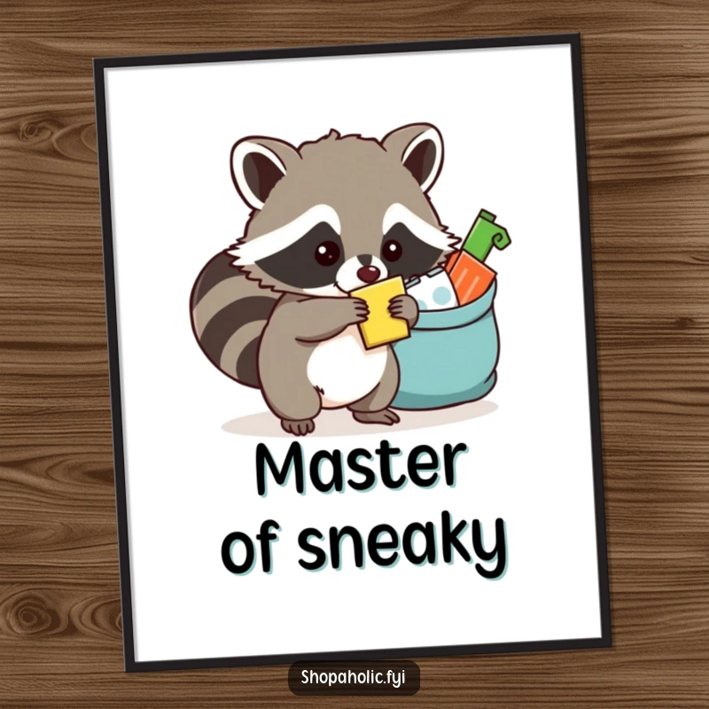 Funny raccoon poster depicting a mischievous raccoon hiding an item in an overflowing bag, capturing a moment of clever acquisition.