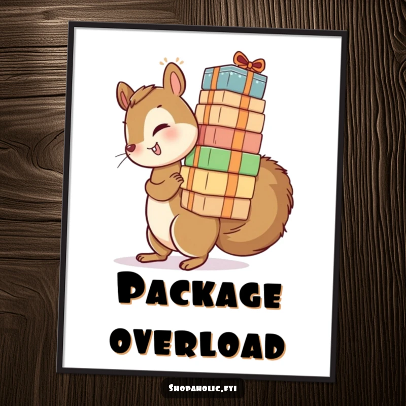 Funny poster illustrating a playful squirrel attempting to carry a comically tall stack of packages. Balancing act art.