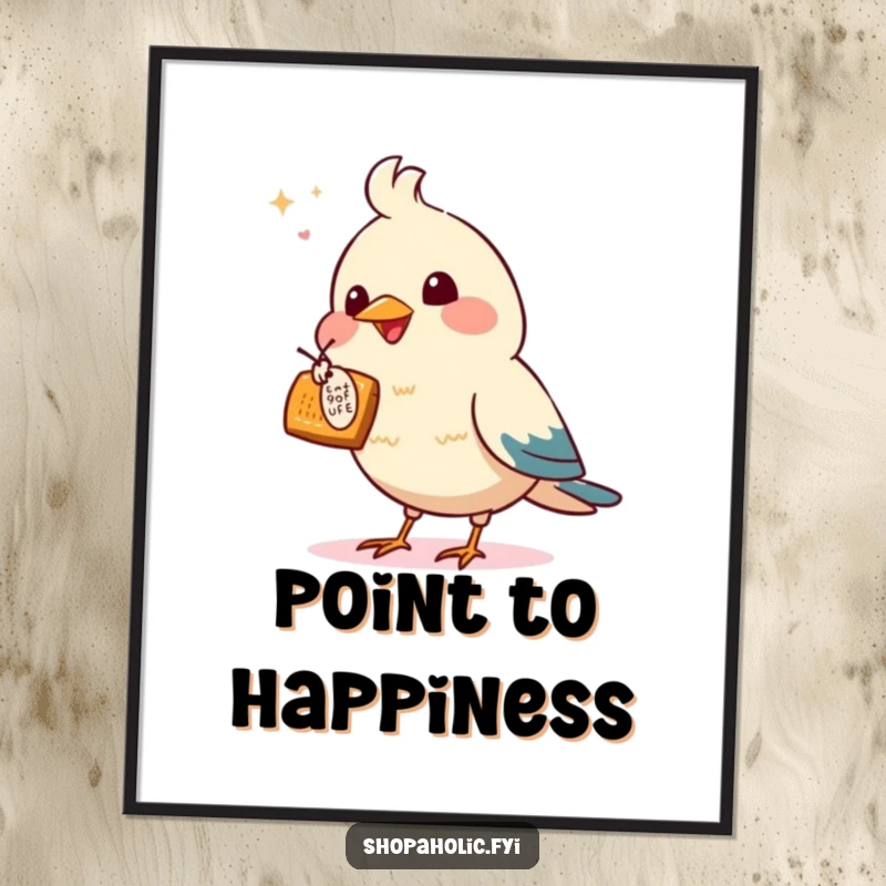 Funny poster art of an enthusiastic bird pointing intently at a tempting offer, adding a humorous touch.