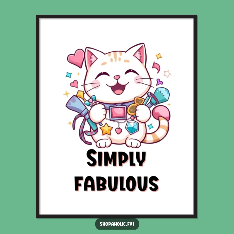 Funny Cat Accessories Poster: Cheerful Kitty Sparkle Art, Glam Wall Decor, Gift Idea