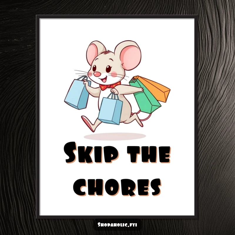 Funny poster print of a cheerful mouse skipping happily with three shopping bags, perfect for playful decor.