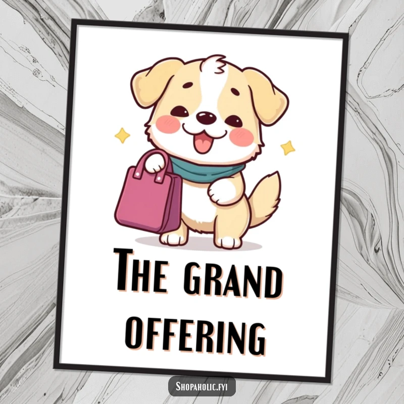 Funny Dog Poster: A content dog character offering a bag with a grand gesture, a charming depiction of selfless giving.