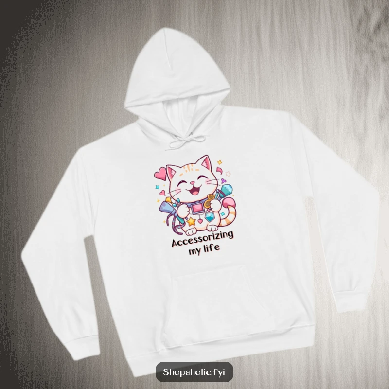 Funny cat hoodie with a cheerful cat grinning while holding a vast amount of sparkly accessories, ideal for cozy glamour.